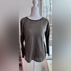 Monteau Grey Knit Thermal Top EUC Size S | Faux Leather Sleeve Detail